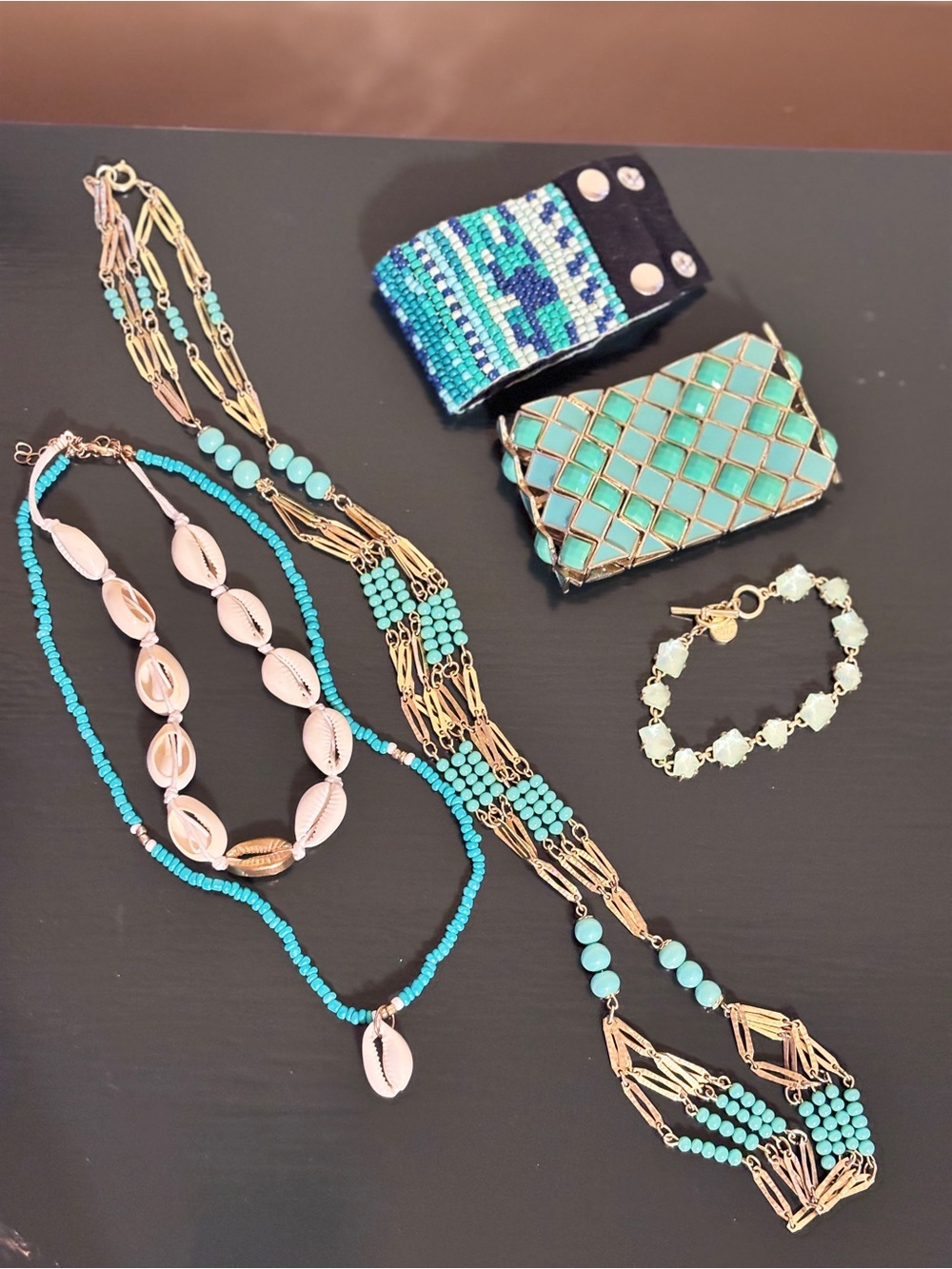 Bundle Turquoise and Gold Color Beaded Necklaces and Bracelets